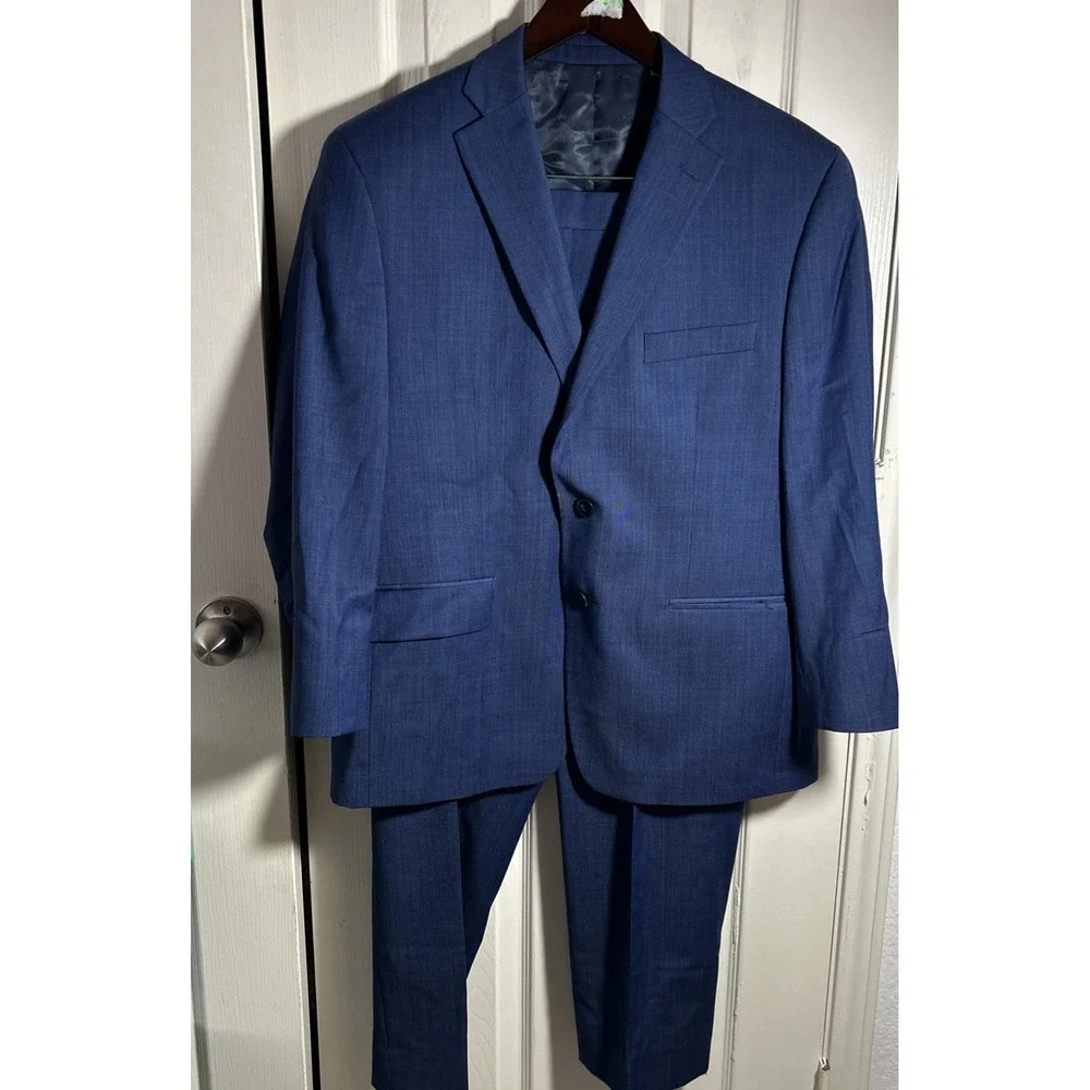 Michael Kors Mens Classic Fit Plaid Stretch Wool Blend Suit Blue 42S 36